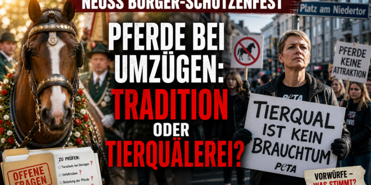 PETA Protest Neusser Bürger-Schützenfest: Demo gegen Pferde angekündigt 11 Ein PETA-Protest gegen Pferde beim Neusser Schützenfest mit einem Aktivisten und einem Pferd im Hintergrund.