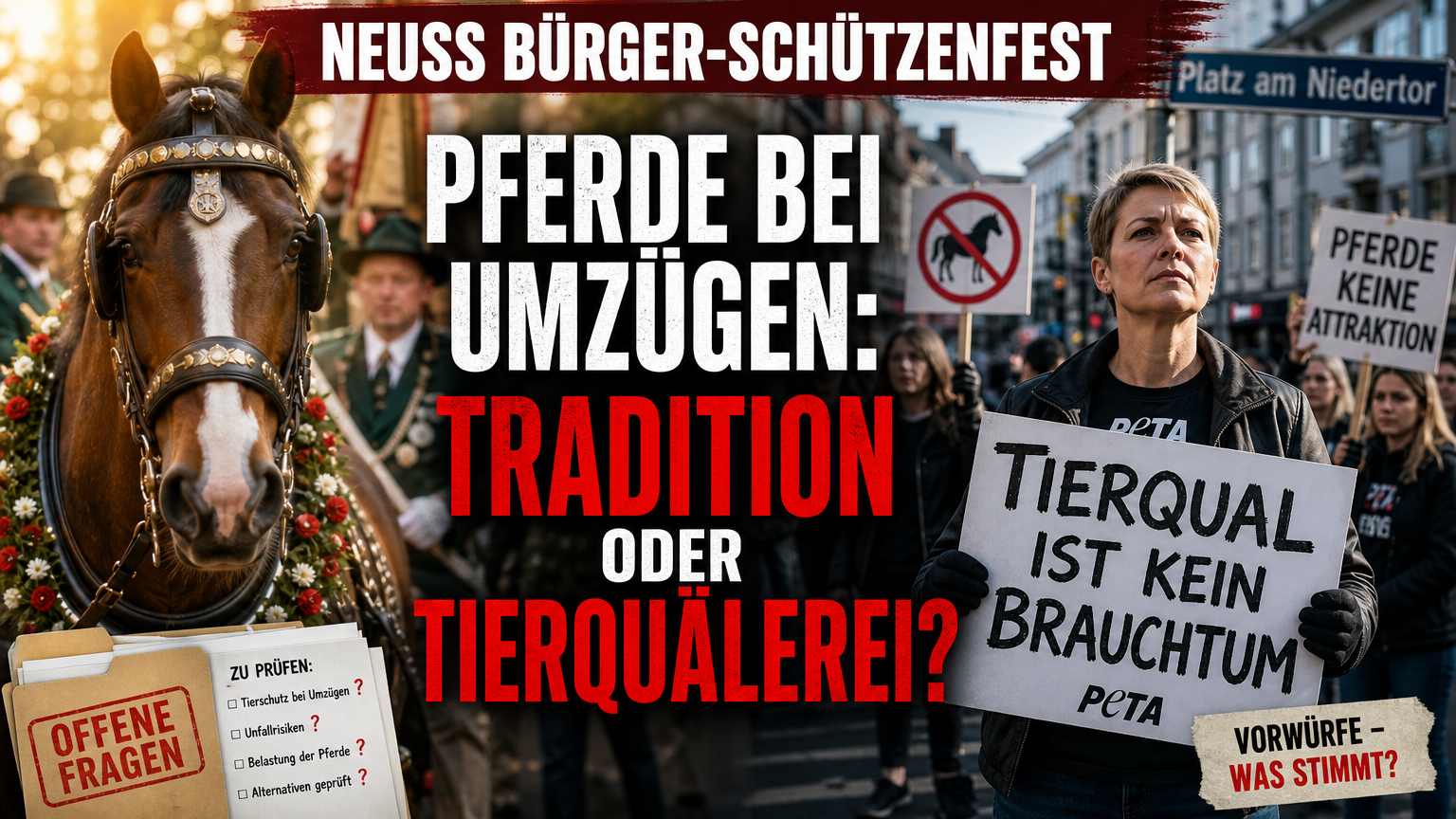 Ein PETA-Protest gegen Pferde beim Neusser Schützenfest mit einem Aktivisten und einem Pferd im Hintergrund.