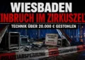 Einbruch in Zirkuszelt Wiesbaden: Technik im Wert von über 20.000 Euro gestohlen 44 Einbruch in Zirkuszelt Wiesbaden: Aufgebrochener Zirkusbereich mit leeren Technik-Racks, verstreuten Kabeln und Polizeiabsperrung nach Diebstahl von Ausrüstung im Wert von über 20.000 Euro.