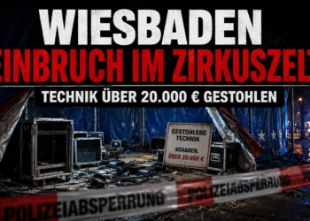 Einbruch in Zirkuszelt Wiesbaden: Technik im Wert von über 20.000 Euro gestohlen 16 Einbruch in Zirkuszelt Wiesbaden: Aufgebrochener Zirkusbereich mit leeren Technik-Racks, verstreuten Kabeln und Polizeiabsperrung nach Diebstahl von Ausrüstung im Wert von über 20.000 Euro.