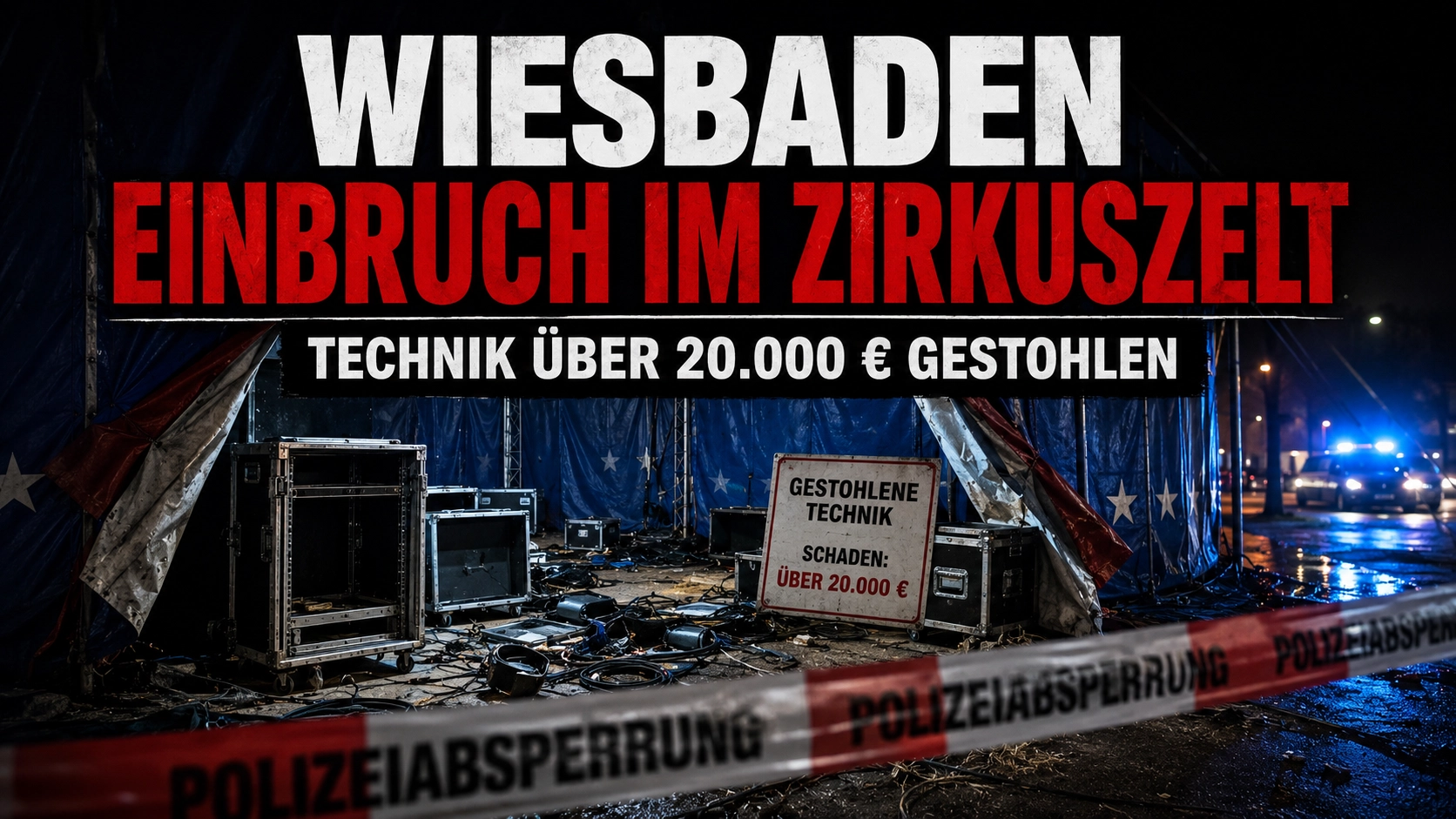 Einbruch in Zirkuszelt Wiesbaden: Aufgebrochener Zirkusbereich mit leeren Technik-Racks, verstreuten Kabeln und Polizeiabsperrung nach Diebstahl von Ausrüstung im Wert von über 20.000 Euro.