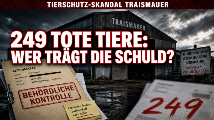 Behördliche Akten und Dokumente zur Untersuchung der Tierquälerei-Vorwürfe in Traismauer vor einer landwirtschaftlichen Halle.