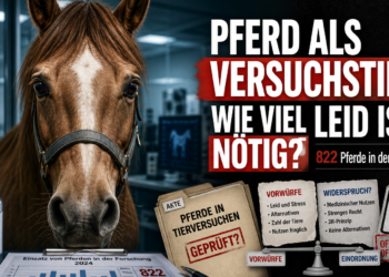 Versuchstier des Jahres 2026 Pferd: Ein Pferd als Versuchstier des Jahres 2026 vor einer klinischen Laborumgebung mit wissenschaftlichen Unterlagen.