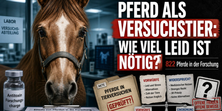 Pferd „Versuchstier des Jahres 2026“: 822 Tiere 2024 in deutschen Versuchen eingesetzt 11 Versuchstier des Jahres 2026 Pferd: Ein Pferd als Versuchstier des Jahres 2026 vor einer klinischen Laborumgebung mit wissenschaftlichen Unterlagen.