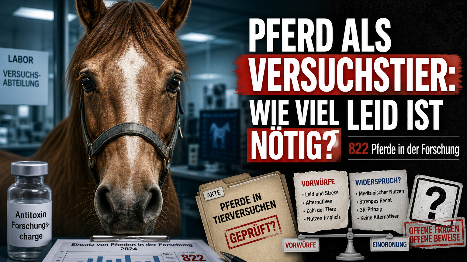 Versuchstier des Jahres 2026 Pferd: Ein Pferd als Versuchstier des Jahres 2026 vor einer klinischen Laborumgebung mit wissenschaftlichen Unterlagen.