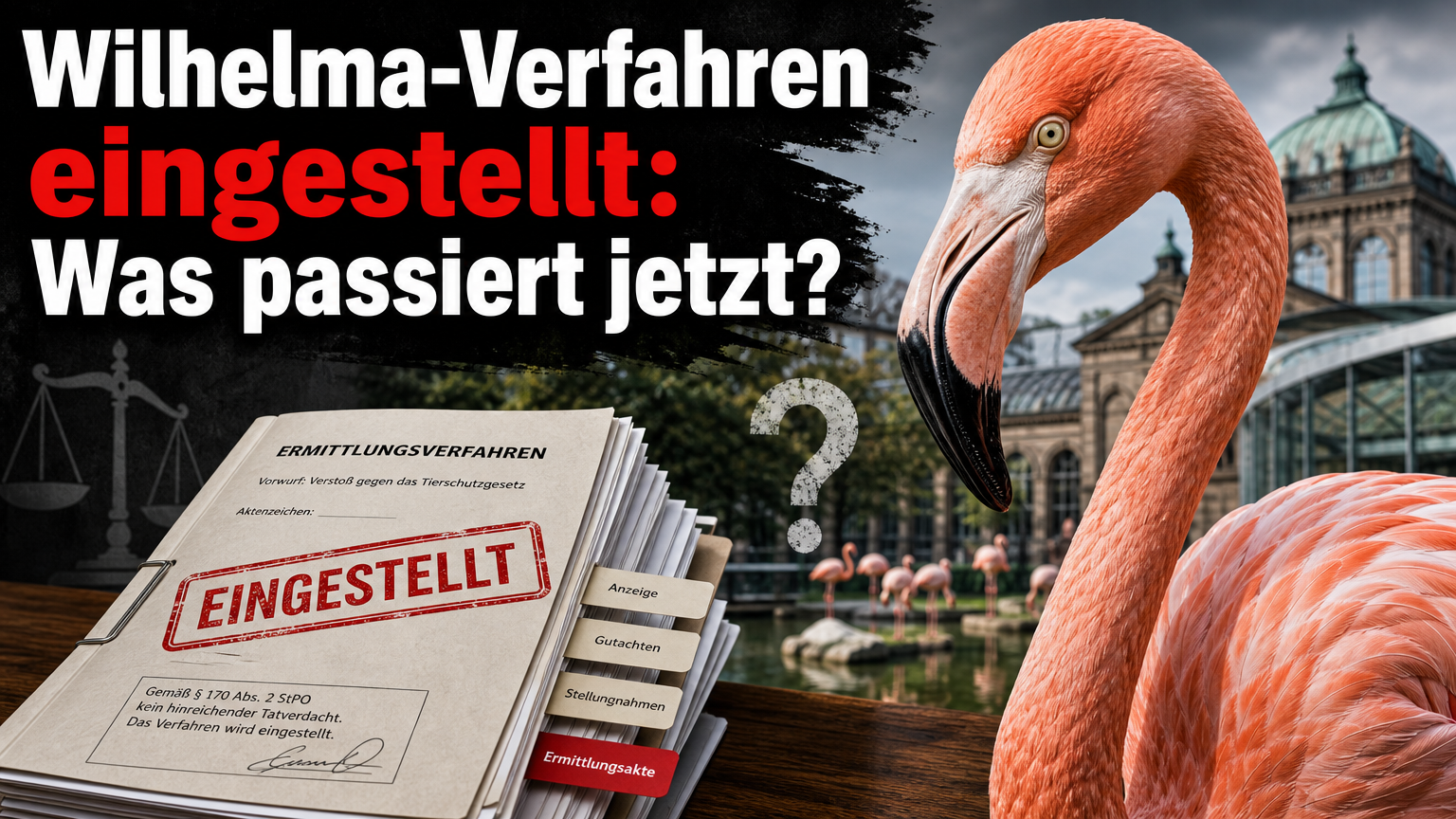 Wilhelma-Verfahren eingestellt: PETA kritisiert fehlendes externes Gutachten 1 Ein Flamingo in der Wilhelma neben juristischen Akten zur PETA-Kritik an Einstellung des Wilhelma-Ermittlungsverfahrens.