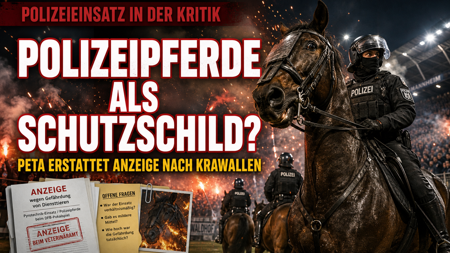 Polizeireiterstaffel inmitten von Pyrotechnik während des Waldhof-FCK-Derbys, die Anlass für eine PETA Anzeige gegen Polizeipferde-Einsatz beim Waldhof-FCK-Derby gibt.