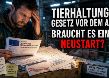 EU-Einwand gegen Tierhaltungskennzeichnungsgesetz: Ein Landwirt betrachtet kritisch EU-Dokumente zum Tierhaltungskennzeichnungsgesetz in einem Stall.