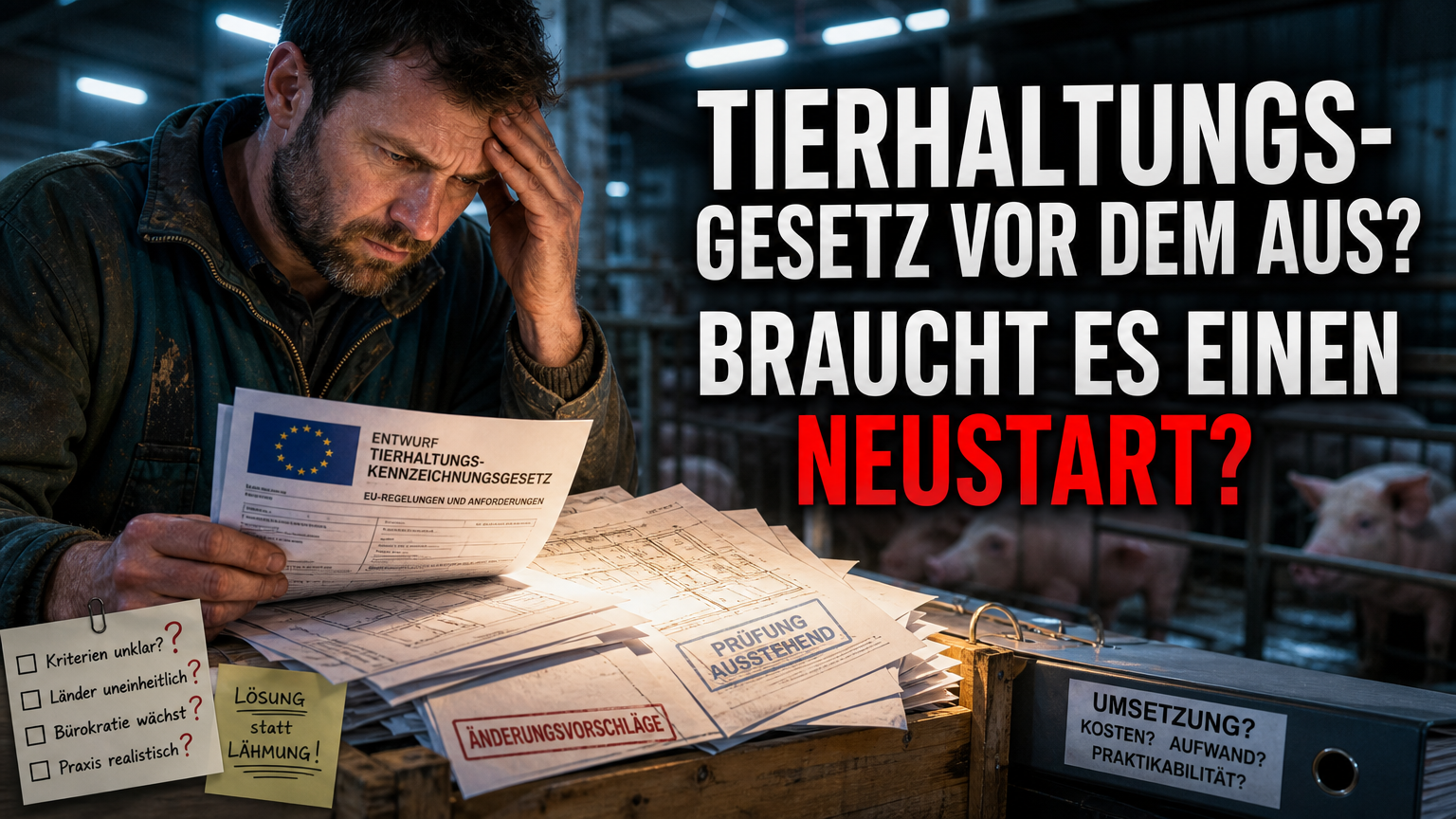 EU-Einwand gegen Tierhaltungskennzeichnungsgesetz: Ein Landwirt betrachtet kritisch EU-Dokumente zum Tierhaltungskennzeichnungsgesetz in einem Stall.