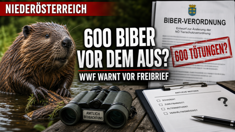 geplante Biber-Verordnung in Niederösterreich: Ein Biber in seinem natürlichen Lebensraum neben einem offiziellen Dokument zur geplanten Biber-Verordnung in Niederösterreich.