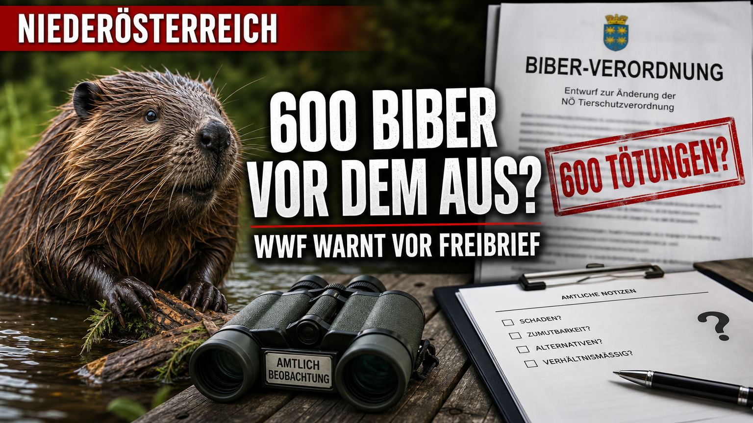 geplante Biber-Verordnung in Niederösterreich: Ein Biber in seinem natürlichen Lebensraum neben einem offiziellen Dokument zur geplanten Biber-Verordnung in Niederösterreich.