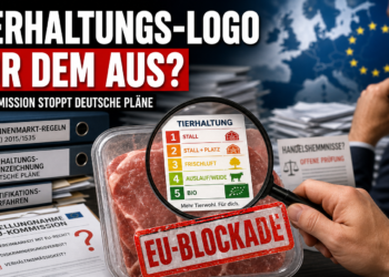 Ein offizielles Tierhaltungslogo für Importfleisch wird unter einer Lupe auf EU-Konformität geprüft.