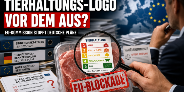 Ein offizielles Tierhaltungslogo für Importfleisch wird unter einer Lupe auf EU-Konformität geprüft.