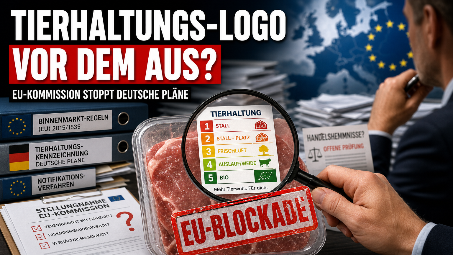 Ein offizielles Tierhaltungslogo für Importfleisch wird unter einer Lupe auf EU-Konformität geprüft.