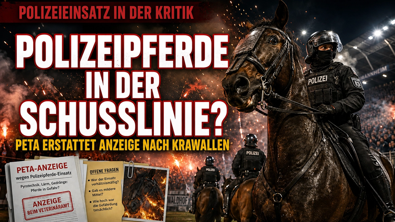 PETA Polizeipferde Mannheim – Polizeipferd und Reiterstaffel bei Ausschreitungen nach dem Waldhof-FCK-Derby.