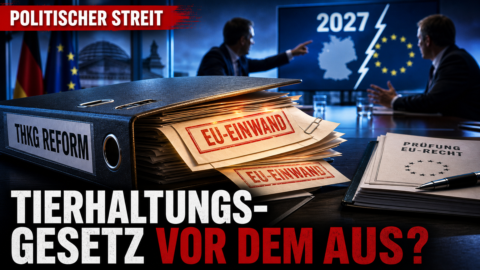 Ein Aktenordner zur Reform des Tierhaltungskennzeichnungsgesetzes mit EU-Einwänden auf einem Schreibtisch.