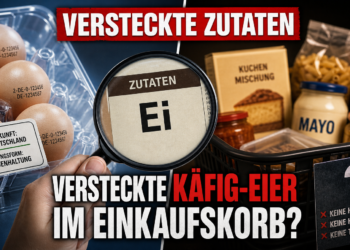 Käfigeier in verarbeiteten Lebensmitteln: Welche Angaben beim Einkauf fehlen 12 Eine Lupe untersucht die Zutatenliste eines Fertigprodukts auf die Kennzeichnung von Käfigeiern in verarbeiteten Lebensmitteln.