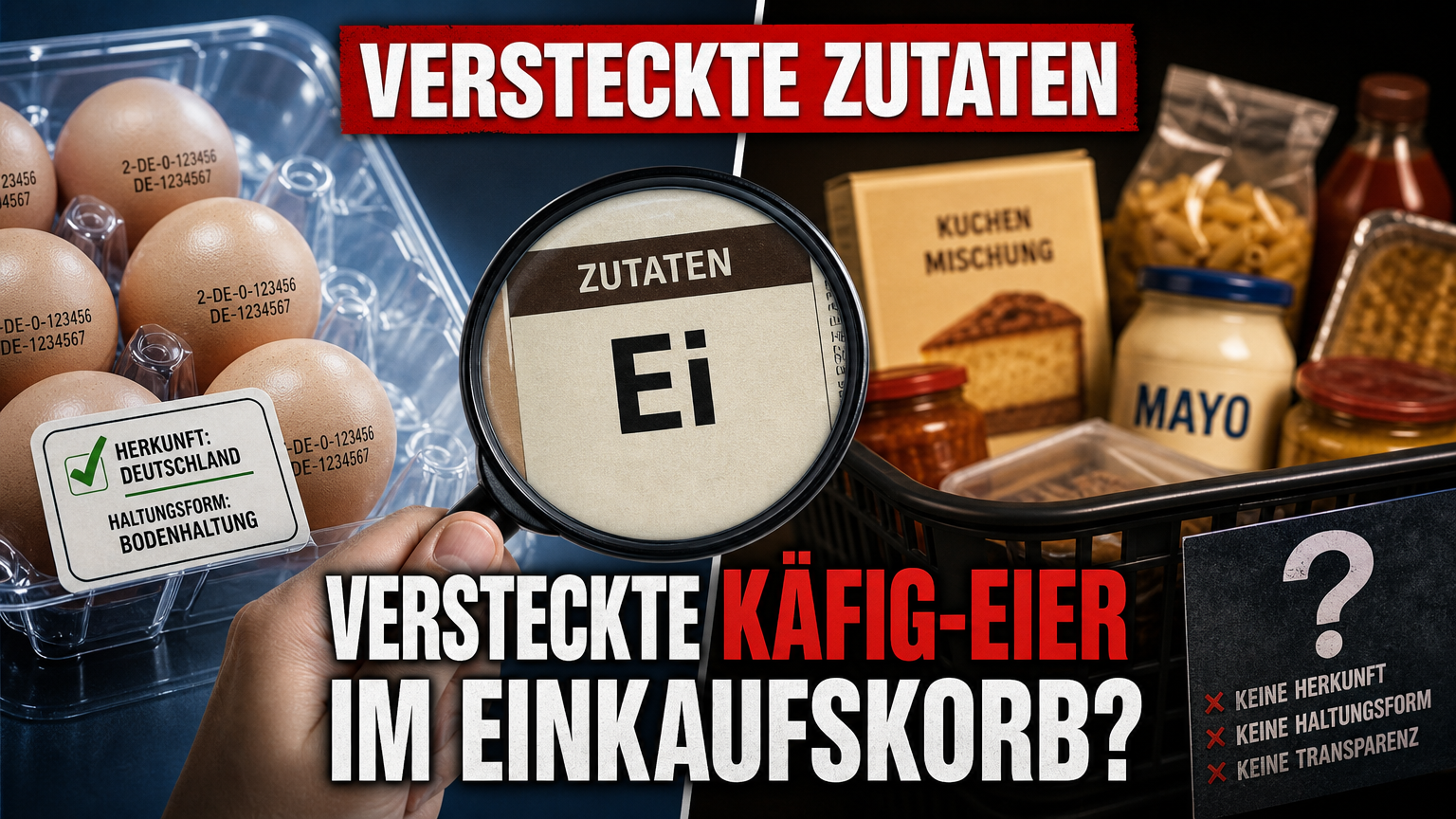 Eine Lupe untersucht die Zutatenliste eines Fertigprodukts auf die Kennzeichnung von Käfigeiern in verarbeiteten Lebensmitteln.