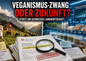 Kontroverse um die Ernährungsinitiative Veganismus-Zwang mit Gegenüberstellung von traditioneller Landwirtschaft und industrieller Pflanzenproduktion.