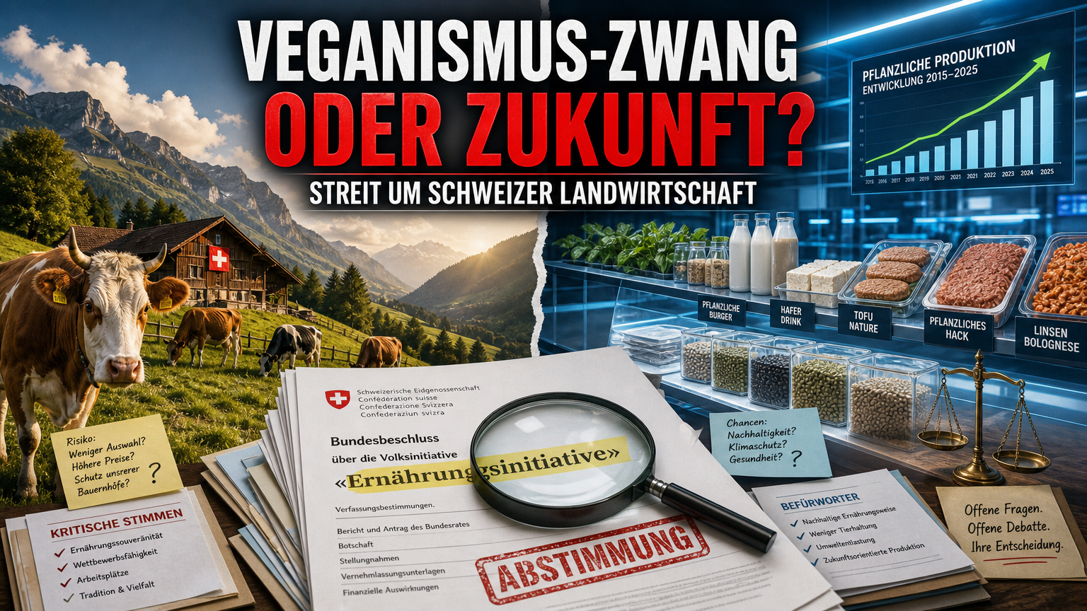 Ernährungsinitiative: Streit über 70 Prozent Selbstversorgung und Veganismus-Zwang 1 Kontroverse um die Ernährungsinitiative Veganismus-Zwang mit Gegenüberstellung von traditioneller Landwirtschaft und industrieller Pflanzenproduktion.