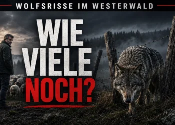 Wolfsangriffe im Westerwald: Wolf vor einer Weide mit Schafen und einem besorgten Tierhalter