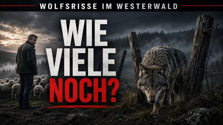 Wolfsangriffe im Westerwald: Wolf vor einer Weide mit Schafen und einem besorgten Tierhalter