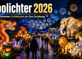 Zoolichter 2026 im Zoo Duisburg: Leuchtender Abendparcours mit Lichtkunst, Drachen, Tierfiguren und Besuchern auf einem illuminierten Rundweg.