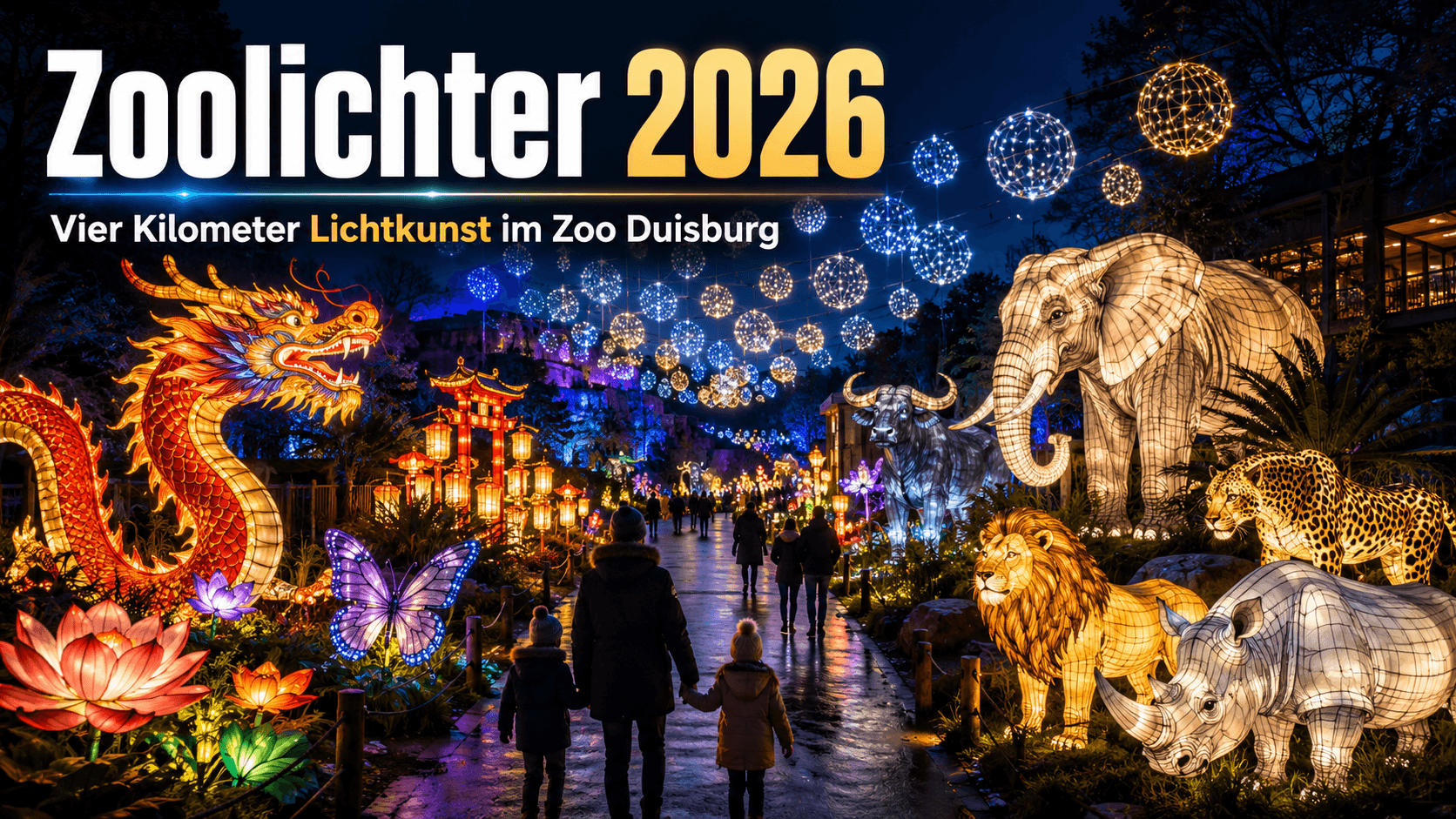 Zoolichter 2026 im Zoo Duisburg: Leuchtender Abendparcours mit Lichtkunst, Drachen, Tierfiguren und Besuchern auf einem illuminierten Rundweg.