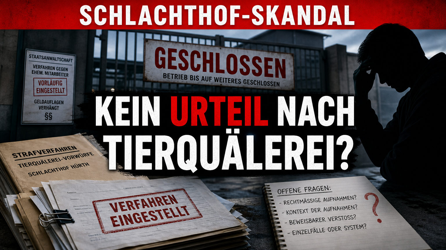 Schlachthof Hürth: Verfahren gegen vier Ex-Mitarbeiter gegen Geldauflagen eingestellt 1 Symbolische Darstellung der Aktenlage zum Strafverfahren gegen ehemalige Mitarbeiter des Schlachthofs Hürth mit dem Vermerk Verfahren eingestellt.