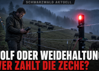 Ein Landwirt prüft moderne Zauntechnik für den Herdenschutz im Schwarzwald bei nebliger Dämmerung.