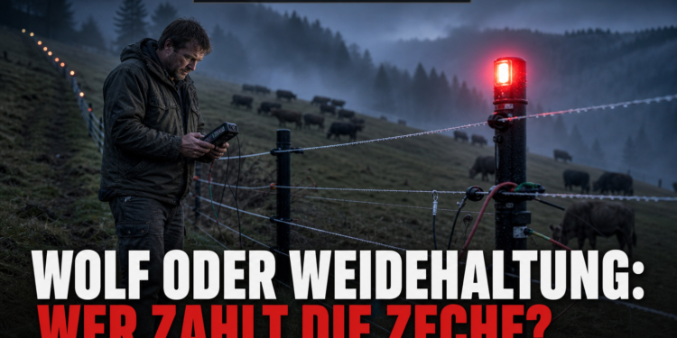 Schwarzwälder Weidetag: Herdenschutz wird zur praktischen Daueraufgabe 11 Ein Landwirt prüft moderne Zauntechnik für den Herdenschutz im Schwarzwald bei nebliger Dämmerung.