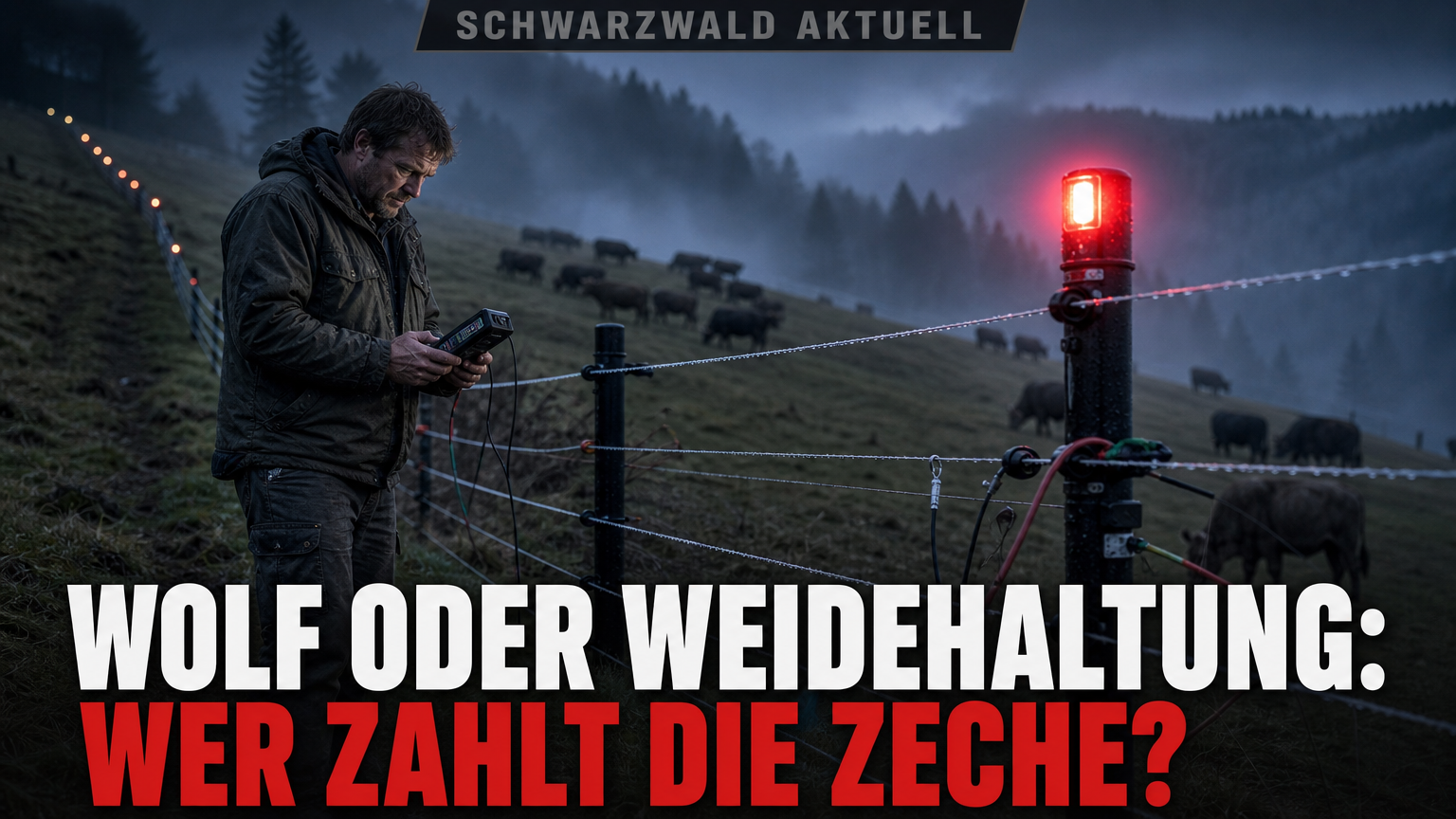 Ein Landwirt prüft moderne Zauntechnik für den Herdenschutz im Schwarzwald bei nebliger Dämmerung.