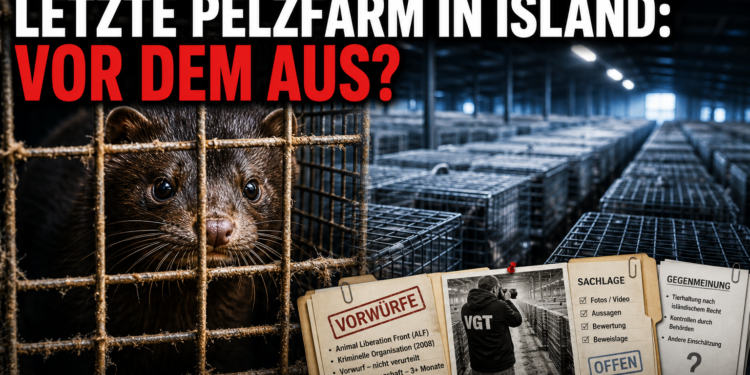 Letzte Nerzfarm in Island: Ein Nerz blickt aus einem Drahtgitterkäfig der letzten Nerzfarm in Island, während der VGT die Haltungsbedingungen kritisch hinterfragt.
