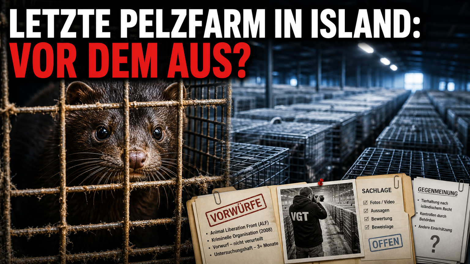 Letzte Nerzfarm in Island: Ein Nerz blickt aus einem Drahtgitterkäfig der letzten Nerzfarm in Island, während der VGT die Haltungsbedingungen kritisch hinterfragt.