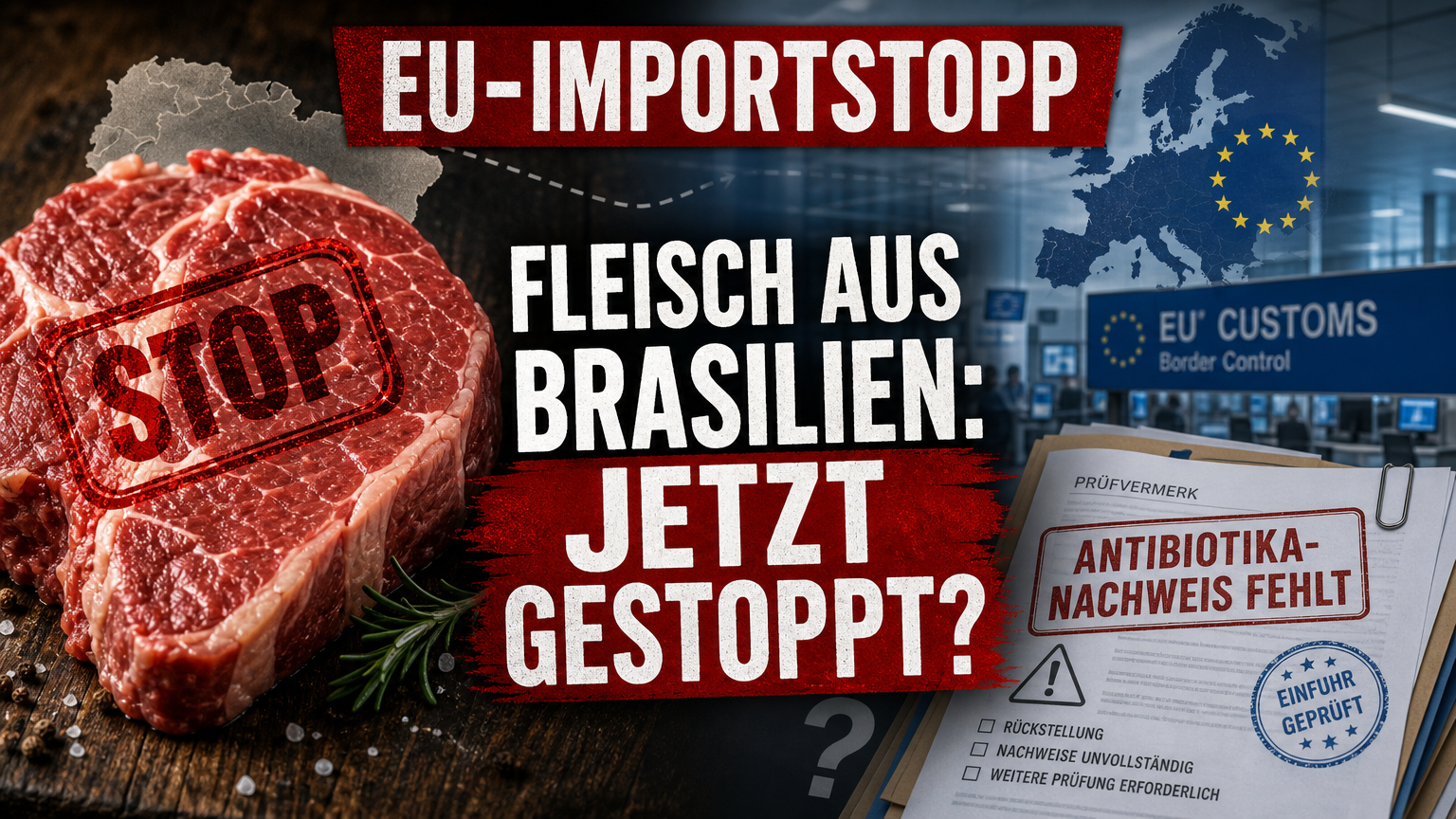 Symbolbild zum EU-Importstopp für Fleisch aus Brasilien mit Fokus auf fehlende Antibiotika-Nachweise und behördliche Dokumente.