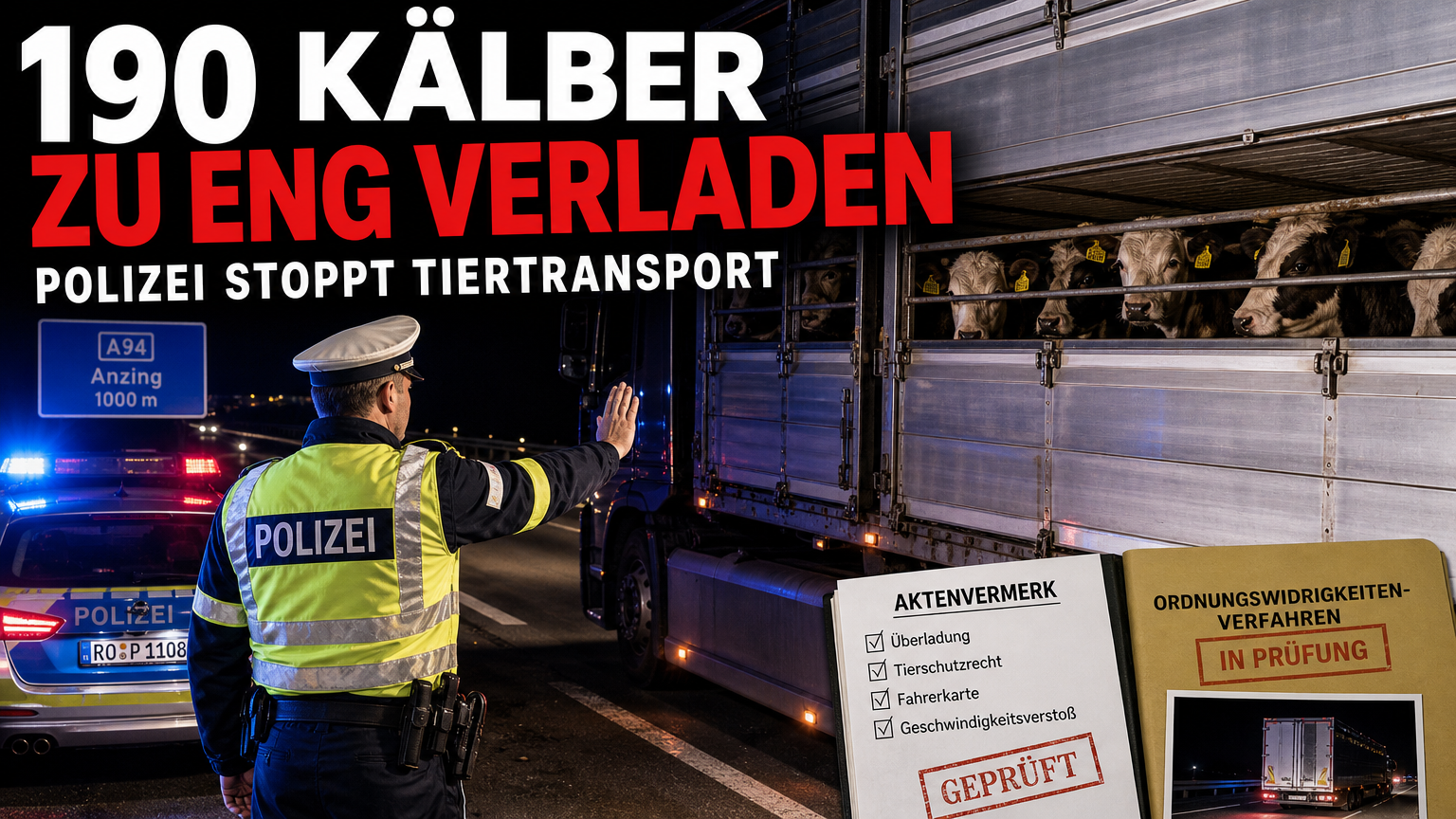 Polizeikontrolle eines Tiertransporter mit 190 Kälbern auf der A94 bei Anzing