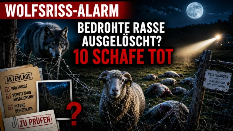 Mutmaßlicher Wolfsangriff in Relliehausen – Wolf vor beschädigtem Weidezaun und Schafen auf dem Versuchsgut der Universität Göttingen