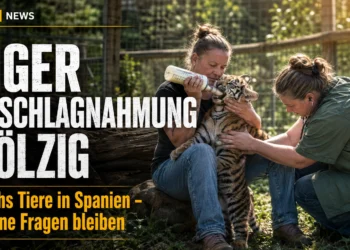 Tiger Beschlagnahmung Dölzig: Carmen Zander hält und füttert ein Tigerjunges, während Dr. Kerstin Alexandra Dörnath das Tier untersucht.