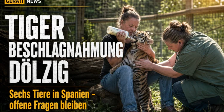 Tiger Beschlagnahmung Dölzig: Carmen Zander hält und füttert ein Tigerjunges, während Dr. Kerstin Alexandra Dörnath das Tier untersucht.