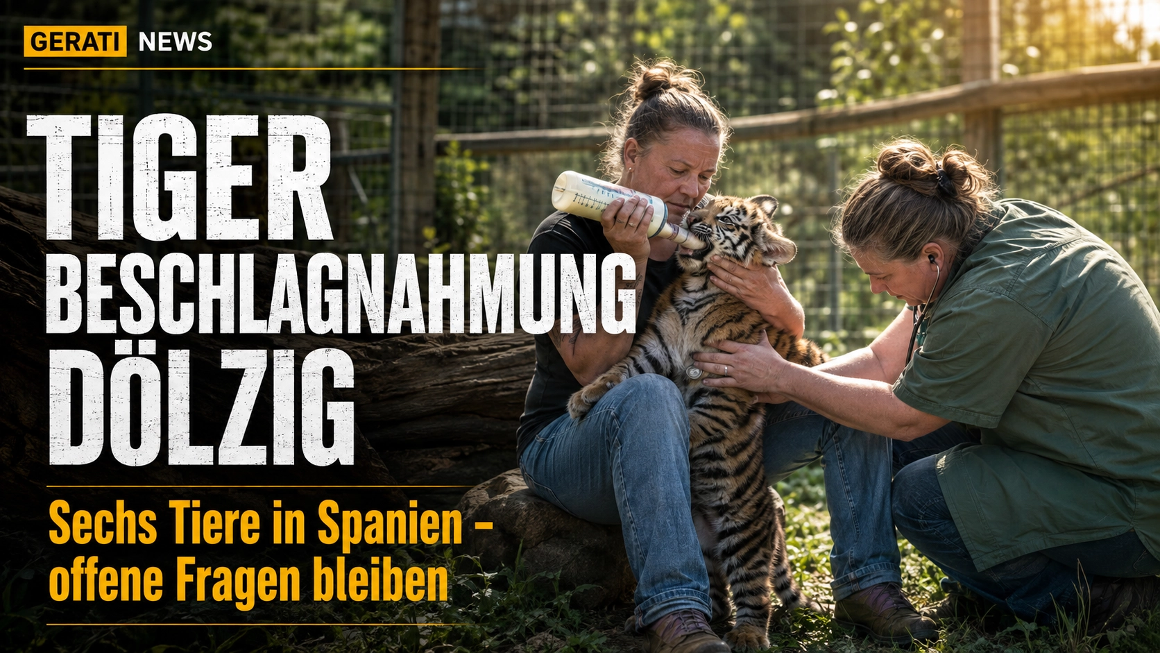 Tiger Beschlagnahmung Dölzig: Carmen Zander hält und füttert ein Tigerjunges, während Dr. Kerstin Alexandra Dörnath das Tier untersucht.