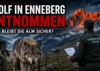Wolf in Enneberg entnommen – Wolf vor einer Südtiroler Alm mit Mitarbeiter des Landesforstkorps