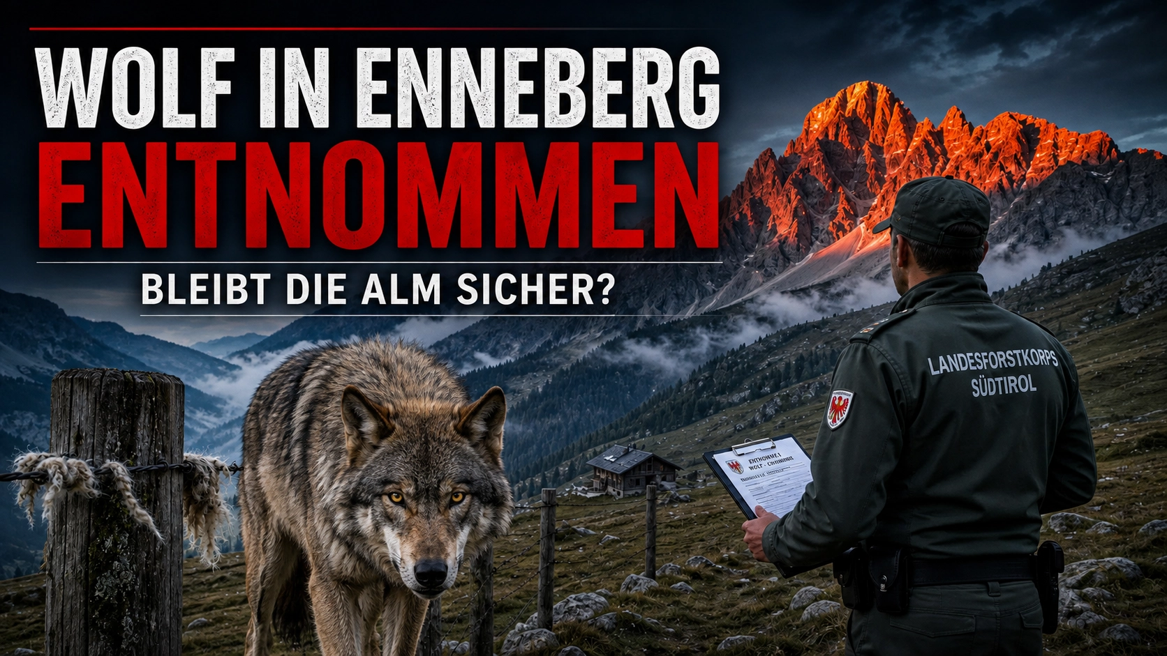 Wolf in Enneberg entnommen – Wolf vor einer Südtiroler Alm mit Mitarbeiter des Landesforstkorps