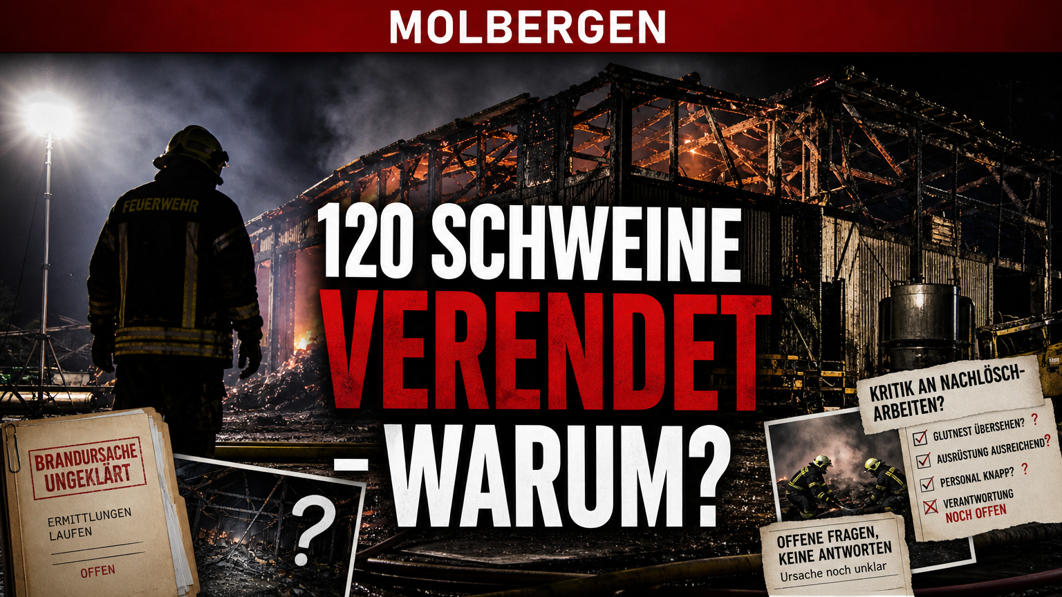 Einsatzkräfte vor der Ruine nach dem tragischen Stallbrand in Molbergen bei Nacht