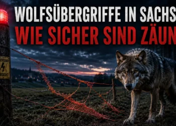 Wolfsübergriffe in Sachsen: Ein Wolf steht im Vordergrund an einem beschädigten Elektrozaun auf einer dunklen Weide bei Nacht.