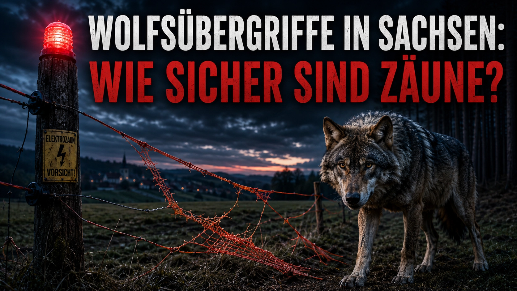 Wolfsübergriffe in Sachsen: Ein Wolf steht im Vordergrund an einem beschädigten Elektrozaun auf einer dunklen Weide bei Nacht.
