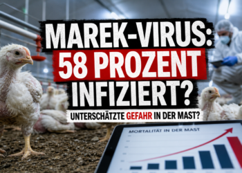 Ein Tierarzt untersucht eine Gruppe von Masthähnchen, bei denen das Marek-Virus in langsam wachsenden Masthähnchenherden nachgewiesen wurde.