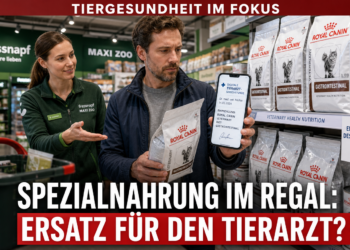 Kunde und Mitarbeiter im Fressnapf-Markt bei der Auswahl von Fressnapf Royal Canin Veterinary Health Nutrition Spezialnahrung.