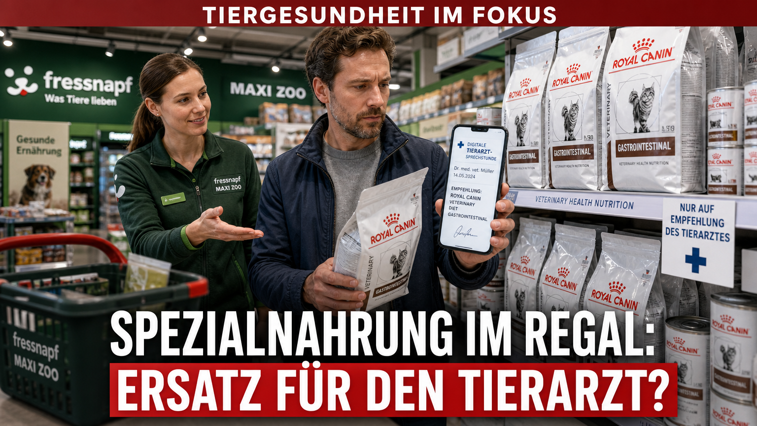 Kunde und Mitarbeiter im Fressnapf-Markt bei der Auswahl von Fressnapf Royal Canin Veterinary Health Nutrition Spezialnahrung.