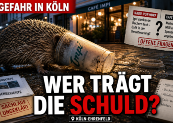 Ein Igel in Plastikbechern in Köln-Ehrenfeld auf einem Kopfsteinpflaster vor einem Café.