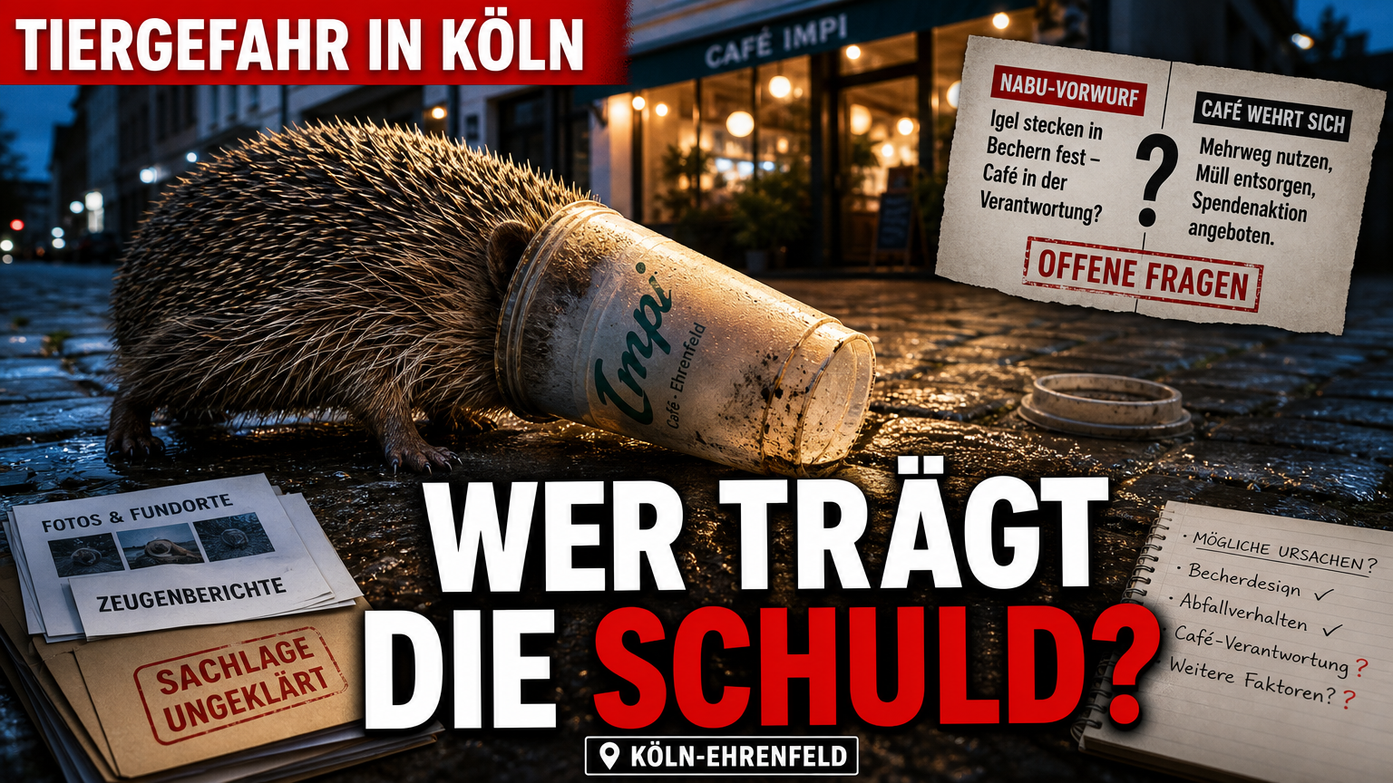 Ein Igel in Plastikbechern in Köln-Ehrenfeld auf einem Kopfsteinpflaster vor einem Café.